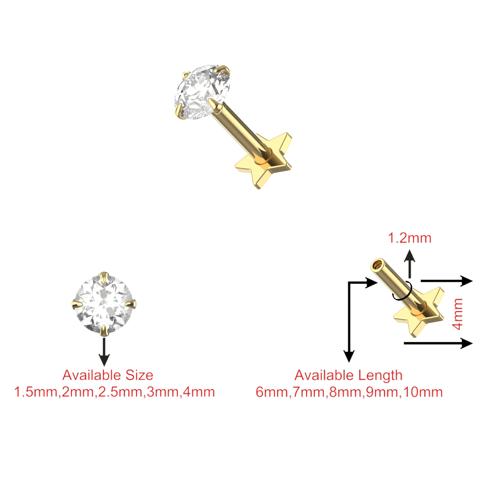 925 Sterling Silver Round CZ Jewelled Internally Threaded top with Star Base Labret - Monster Piercing