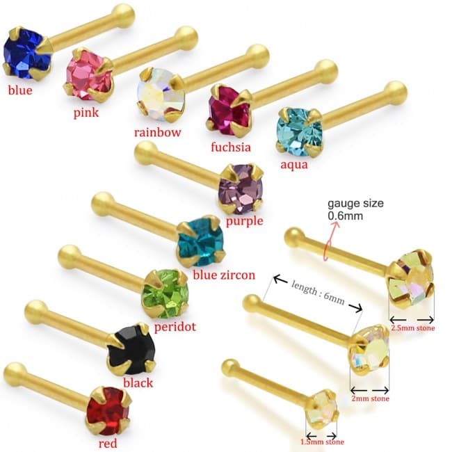 9K Yellow Gold with Colourful Crystal Stone Jewelled in Prong set Ball End Nose Stud - Monster Piercing