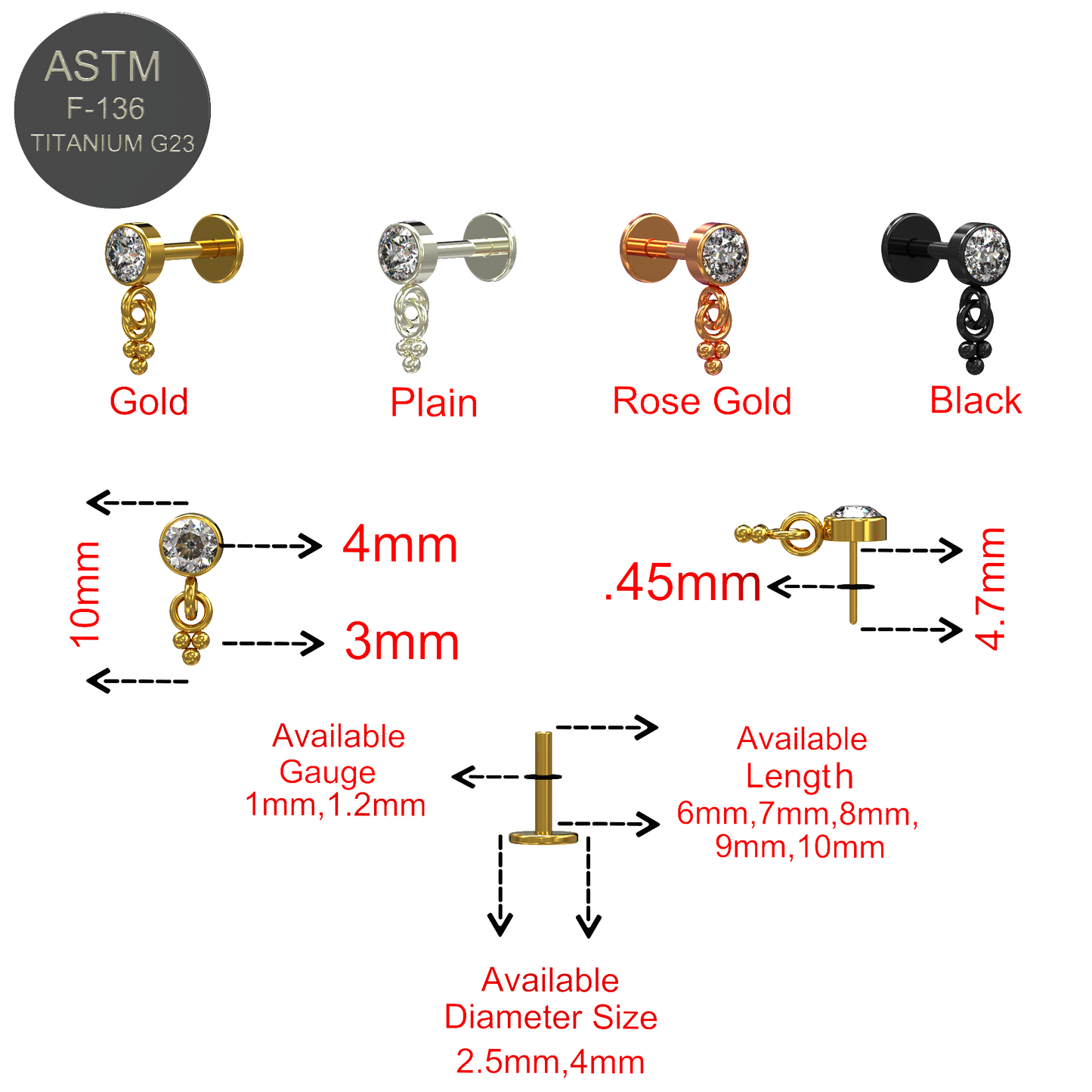 G23 Grade Titanium CZ Jewelled Dangling Push-fit Flat Back - Monster Piercing