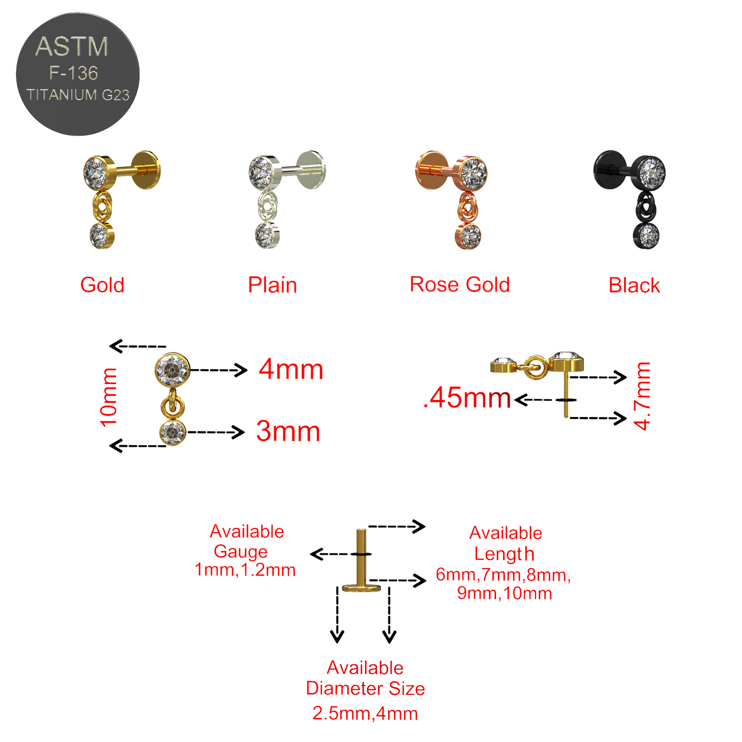 G23 Grade Titanium CZ Stone Dangling Push-Fit Flat Back - Monster Piercing