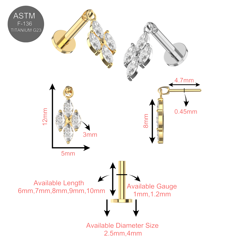 G23 Titanium 4 CZ Marquise Jewelled Thread-less Push-Fit With Flat-Back - Monster Piercing