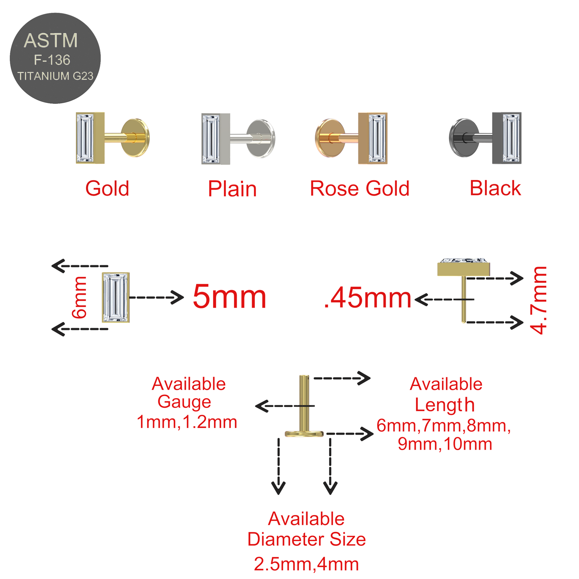 G23 Grade Titanium Baguette CZ Jewelled Push-Fit Flat Back - Monster Piercing