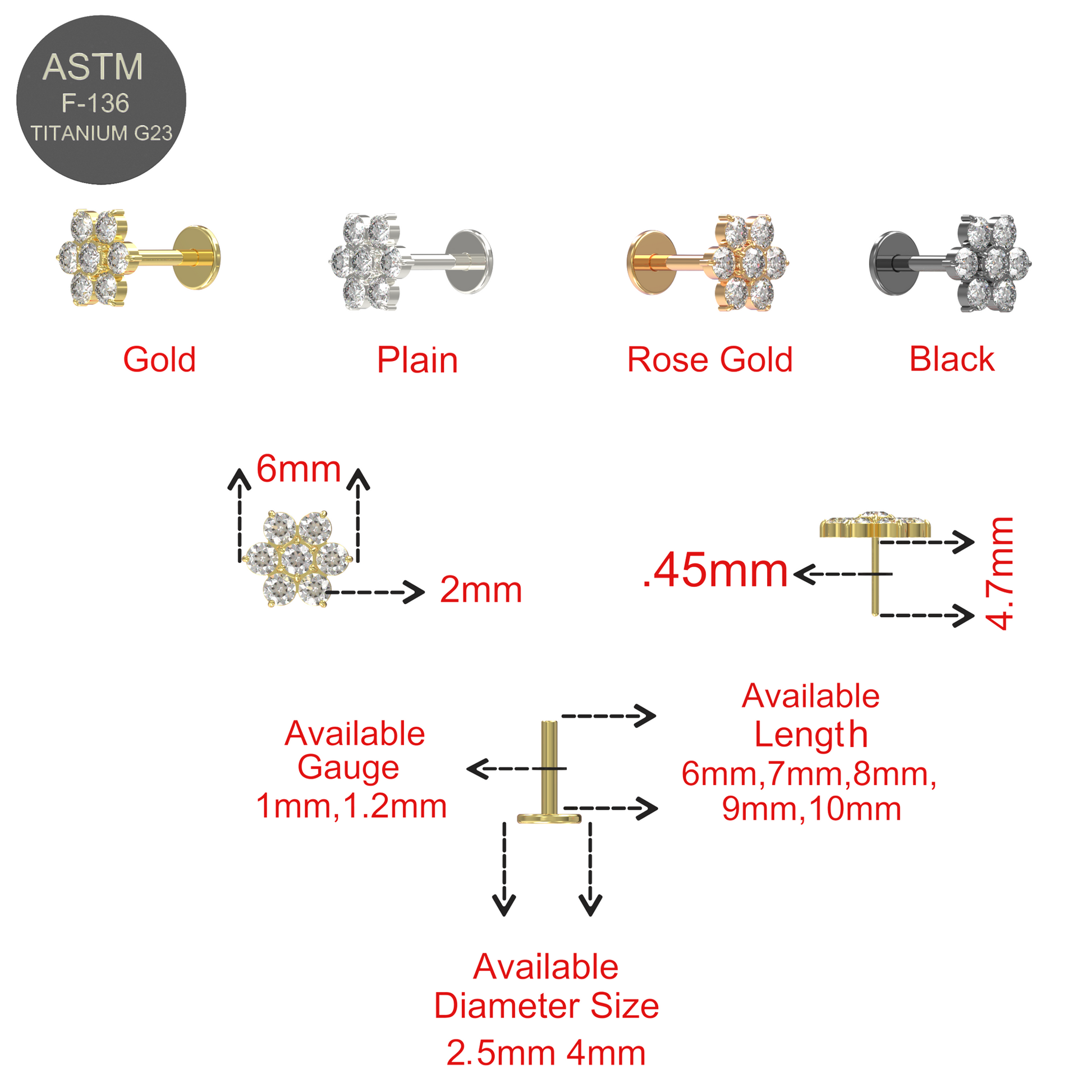 G23 Titanium CZ Jewelled Flower Push-Fit Flat Back - Monster Piercing