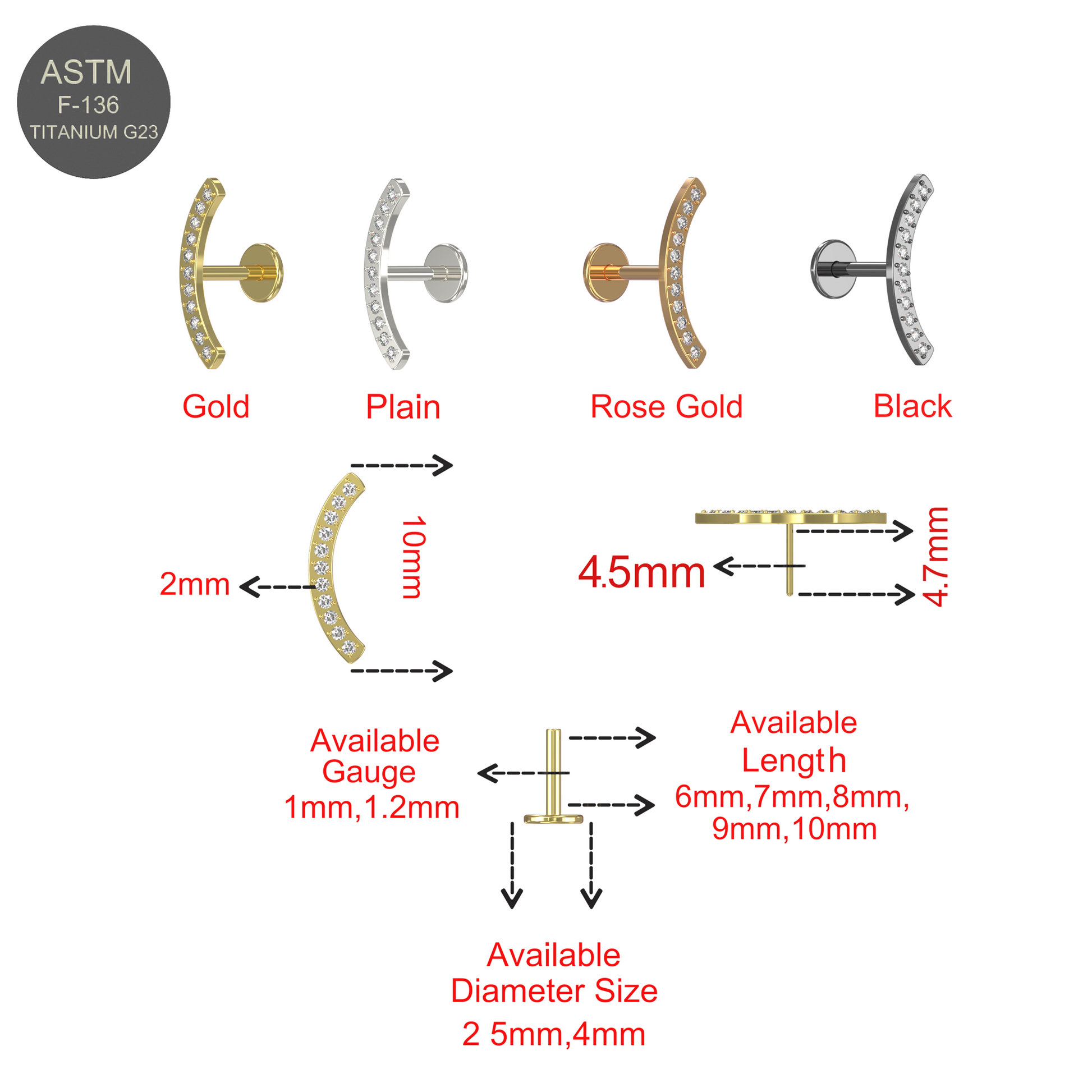 G23 Titanium CZ Jewelled Arch Push-Fit Flat Back - Monster Piercing