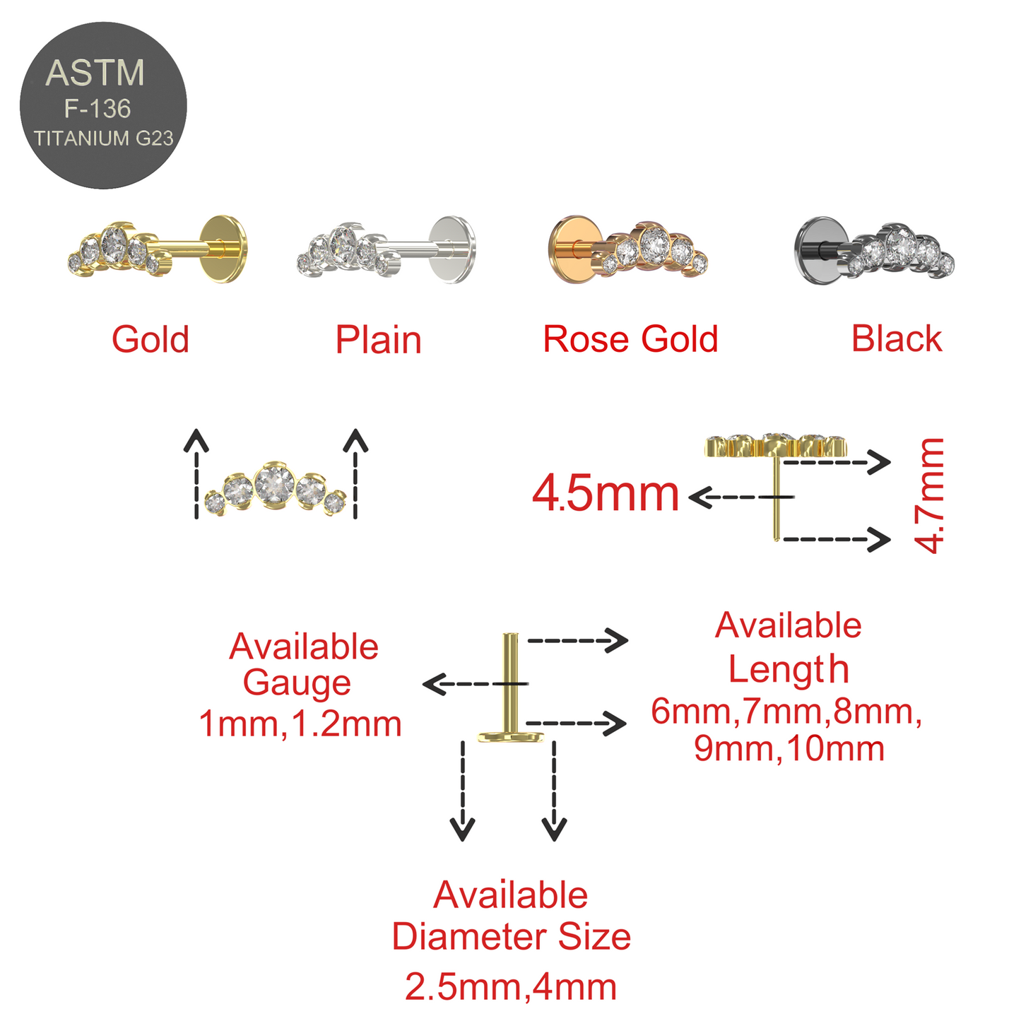 G23 Titanium Five CZ Jewelled Push-Fit Flat Back - Monster Piercing