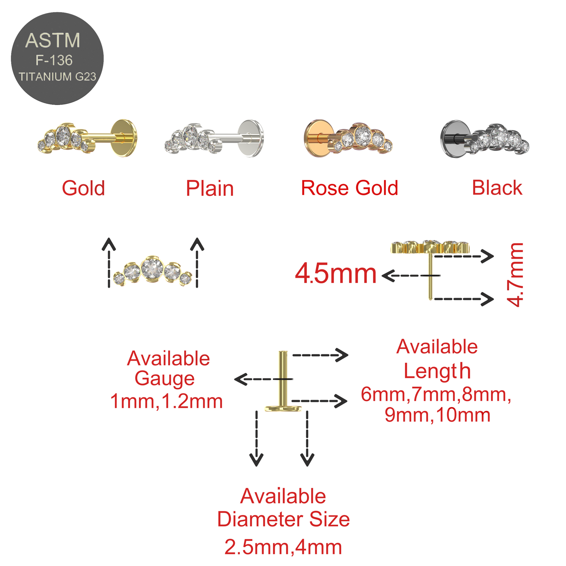 G23 Titanium Five CZ Jewelled Push-Fit Flat Back - Monster Piercing