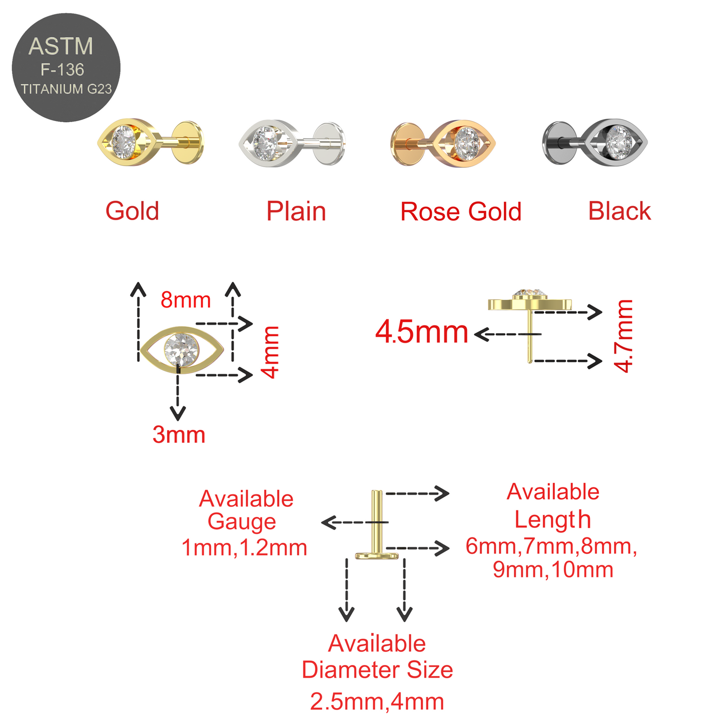 G23 Grade Titanium CZ Jewelled Evil Eye Push-Fit Flat Back - Monster Piercing