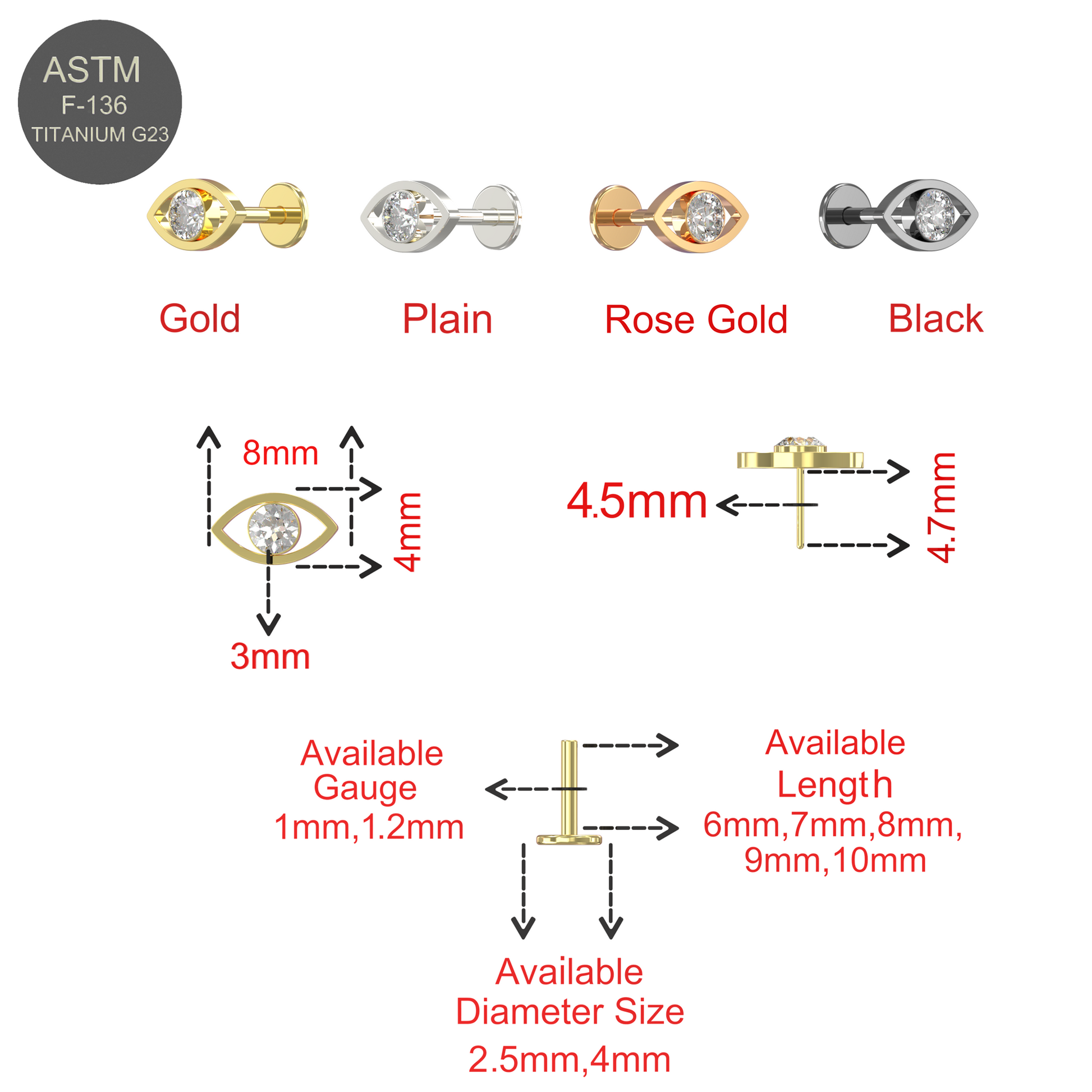 G23 Grade Titanium CZ Jewelled Evil Eye Push-Fit Flat Back - Monster Piercing
