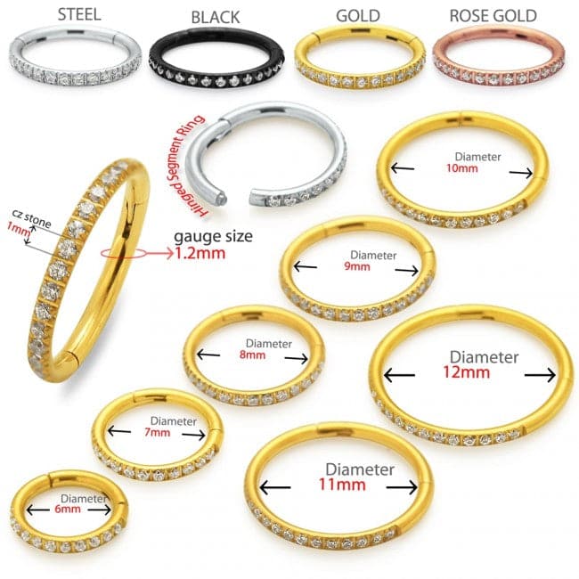316L Surgical Steel Micro Setting CZ Stones in Hinged Segment Clicker Ring - Monster Piercing