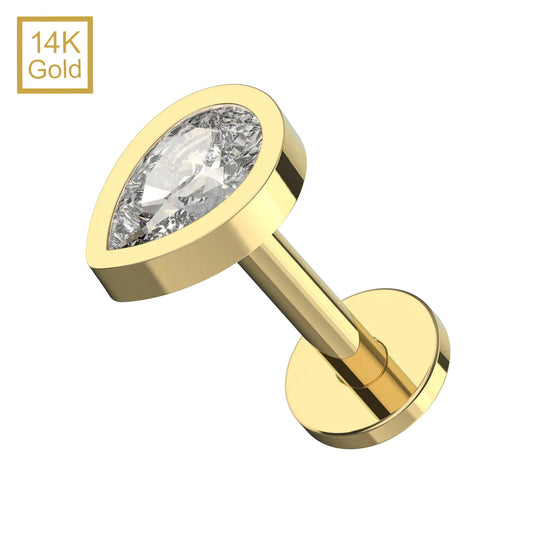 14K Gold Teardrop CZ Top With Internal Thread Base Labret.