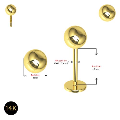 14K Gold Internally Threaded Full Ball Top Flat Back Stud - Monster Piercing