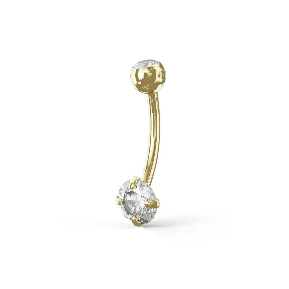 9K Solid Yellow Gold Double CZ Jewelled Internally Threaded Belly Ring - Monster Piercing