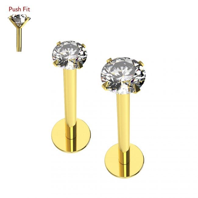 9K Gold Flat Back with Cubic Zirconia Jewelled Push Fit Top - Monster Piercing