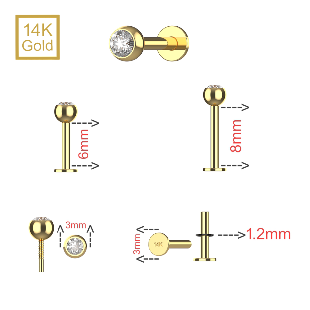 14K Solid Yellow Gold Round CZ Jewelled Internally Threaded Labret with Flat-Back Stud - Monster Piercing