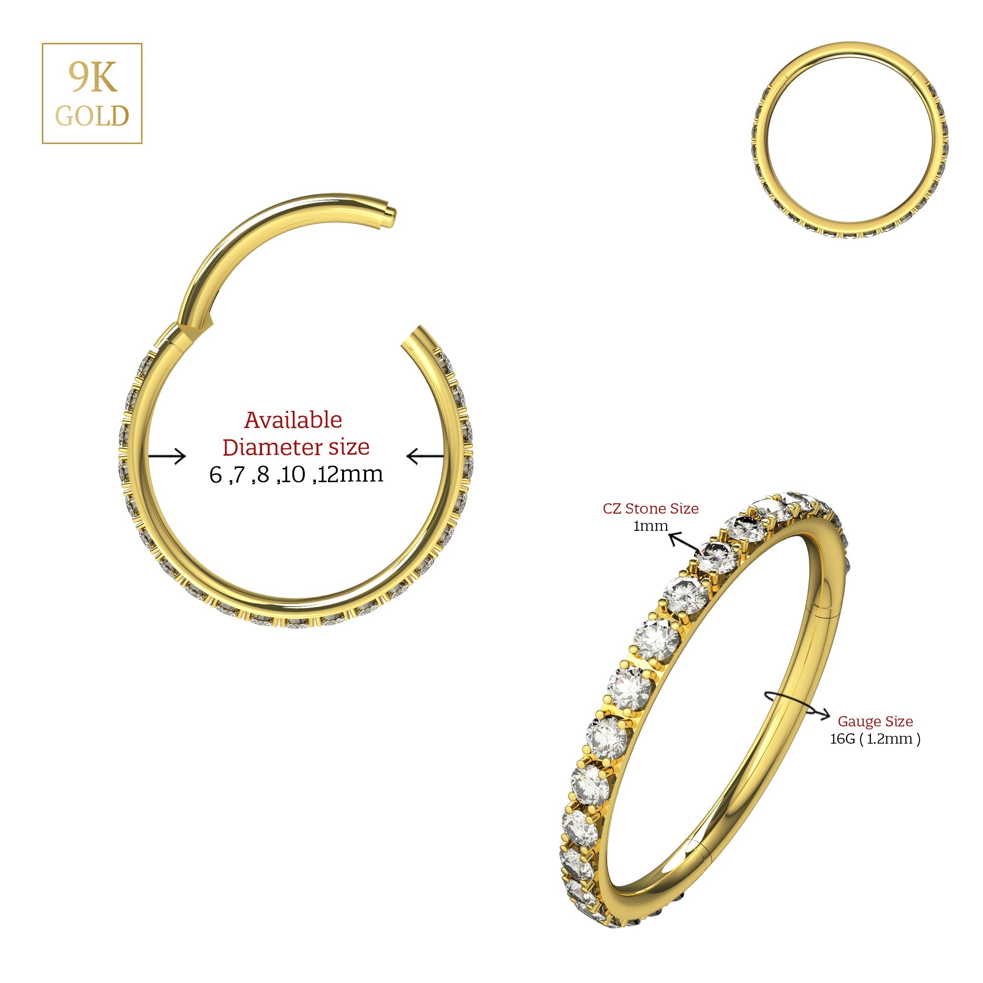 9K Solid Gold Continuous Cubic Zirconia Hinged Segment Clicker Ring - Monster Piercing