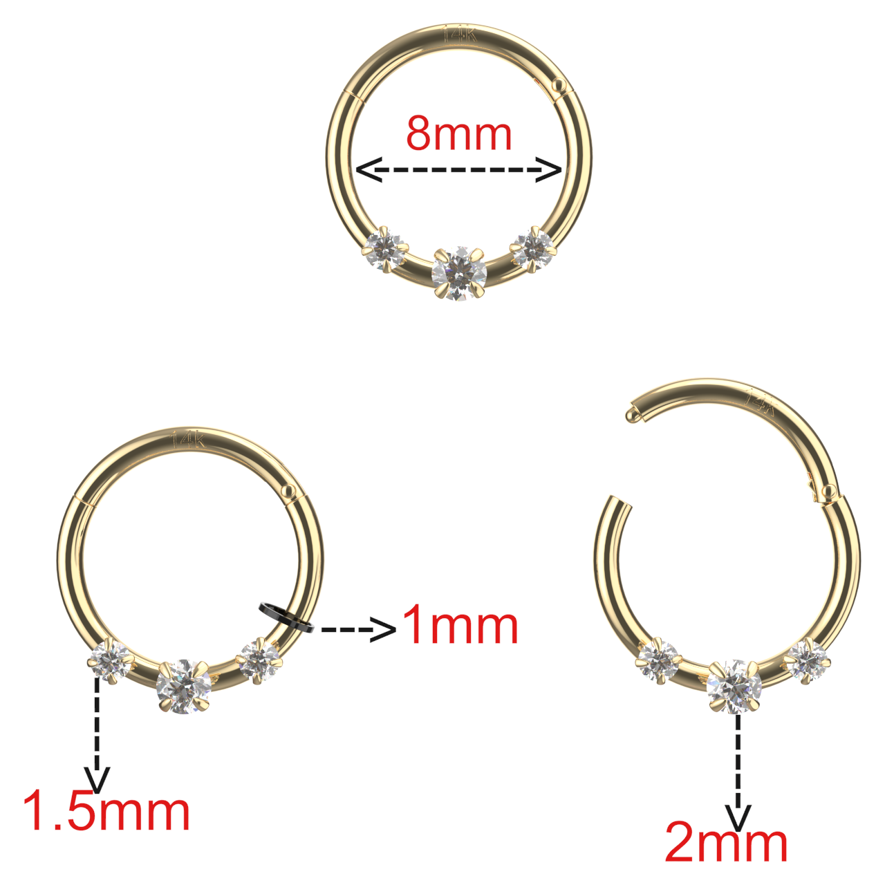 14K Solid Yellow Gold Triple CZ Hinged Segment Clicker Ring - Monster Piercing
